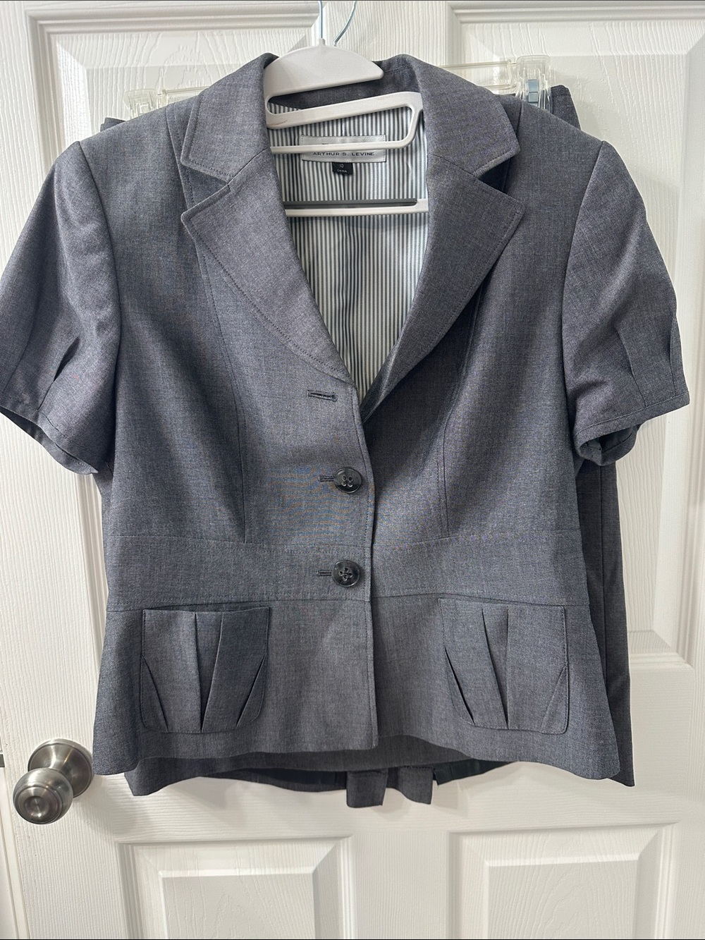 Tahari Gray two Piece Skirt Suit and Short Sleeve Blazer with Button Front